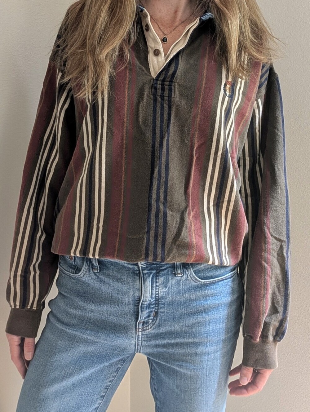 Vintage Ralph Lauren Vertical Striped Denim Collared Henley Shirt In Burgundy